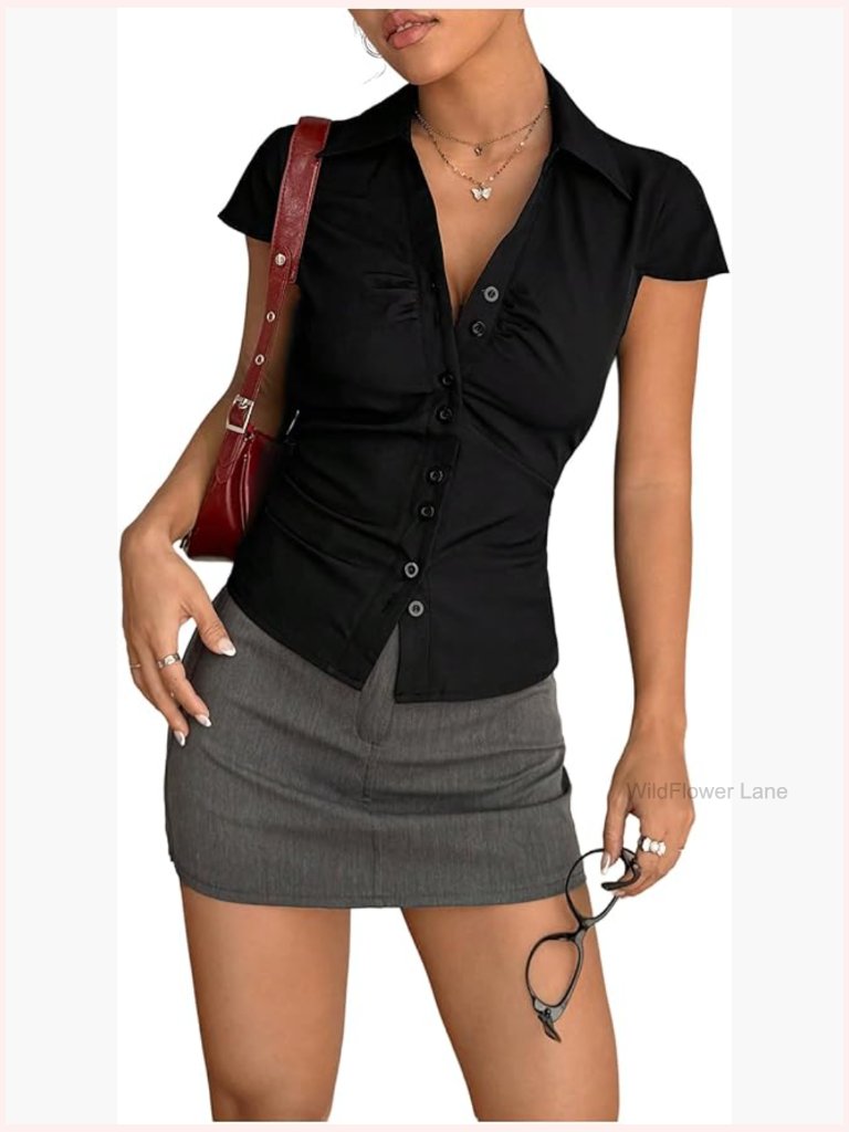 Ruched Button Down Shirt Short Sleeve Tie Back Fitted Blouse